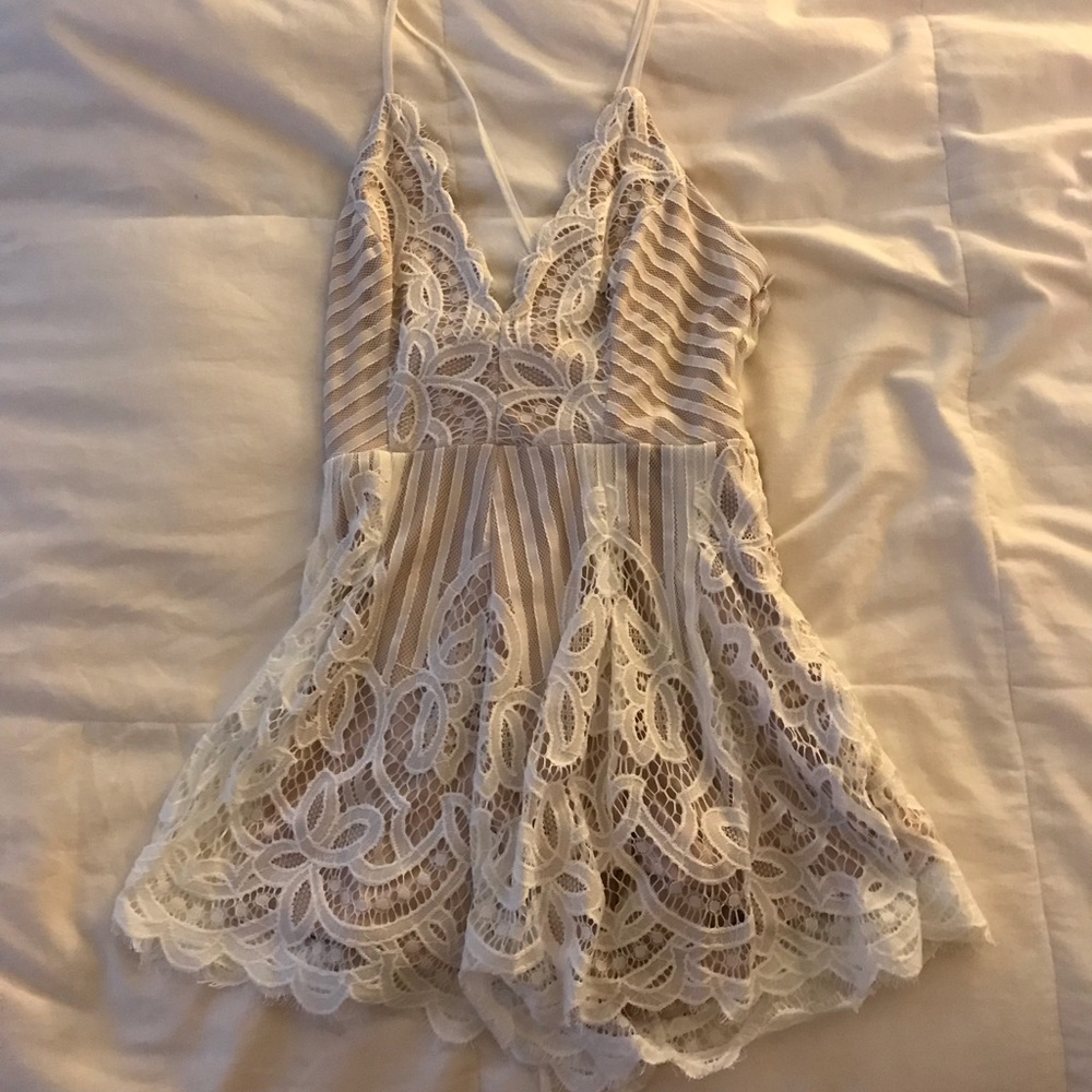 White and nude lace romper